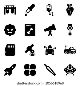 Solid vector icon set - vial vector, pipette, drop counter, heart, virus, x ray, telescope, laser, micro flash card, satellite, robot, moon rover, rocket, atom core, forceps, ufo toy