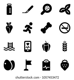 Solid vector icon set - vial vector, scalpel, bacteria, three leafs, heart, run, broken bone, no smoking sign, pool, mobile monitor, sweet pepper, spica, eggs, flag, pulse clipboard, strawberry