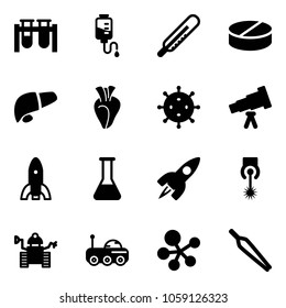 Solid vector icon set - vial vector, drop counter, thermometer, pill, liver, heart, virus, telescope, rocket, flask, laser, robot, moon rover, molecule, forceps