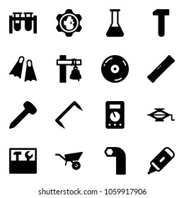 Solid vector icon set - vial vector, gear globe, flask, work, flippers, ship bell, cd, level, nail, staple, multimeter, jack, tool box, wheelbarrow, allen key, marker