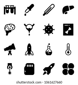 Solid vector icon set - vial vector, pipette, thermometer, liver, brain, bladder, virus, x ray, telescope, rocket, round flask, laser, micro flash card, atom core