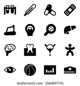 Solid vector icon set - vial vector, thermometer, pills, medical patch, treadmill, mri, bacteria, liver, brain, tooth, bladder, gymnastics, eye, basketball ball, statistics, doctor hat