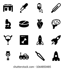 Solid vector icon set - vial vector, pipette, drop counter, thermometer, lab, pill, heart, brain, bladder, x ray, rocket, laser, moon rover, forceps