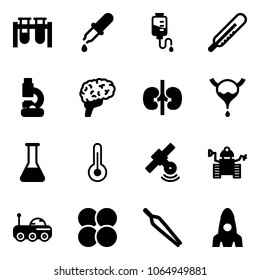 Solid vector icon set - vial vector, pipette, drop counter, thermometer, lab, brain, kidneys, bladder, flask, satellite, robot, moon rover, atom core, forceps, rocket
