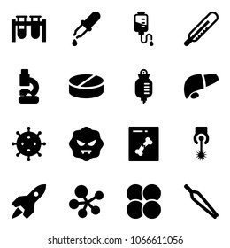 Solid vector icon set - vial vector, pipette, drop counter, thermometer, lab, pill, liver, virus, x ray, laser, rocket, molecule, atom core, forceps