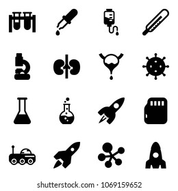 Solid vector icon set - vial vector, pipette, drop counter, thermometer, lab, kidneys, bladder, virus, flask, round, rocket, micro flash card, moon rover, molecule