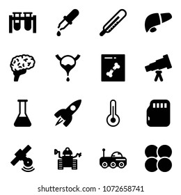 Solid vector icon set - vial vector, pipette, thermometer, liver, brain, bladder, x ray, telescope, flask, rocket, micro flash card, satellite, robot, moon rover, atom core