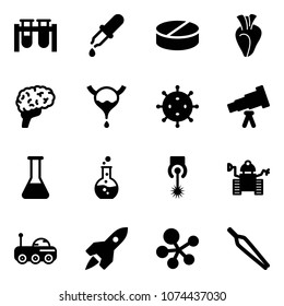 Solid vector icon set - vial vector, pipette, pill, heart, brain, bladder, virus, telescope, flask, round, laser, robot, moon rover, rocket, molecule, forceps