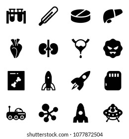Solid vector icon set - vial vector, thermometer, pill, liver, heart, kidneys, bladder, virus, x ray, rocket, micro flash card, moon rover, molecule, ufo toy