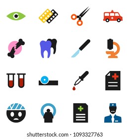 solid vector icon set - vial vector, eye, dropper, scissors, scalpel, broken bone, pills blister, doctor hat, microscope, anamnesis, amkbulance car, tomography, tooth, head bandage