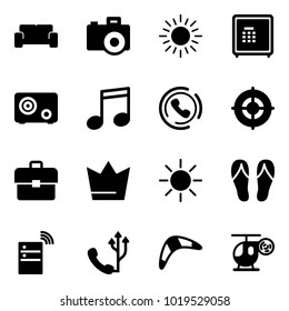 Solid vector icon set - vip waiting area vector, camera, sun, safe, music, phone horn, target, portfolio, crown, flip flops, server wireless, boomerang, helicopter toy