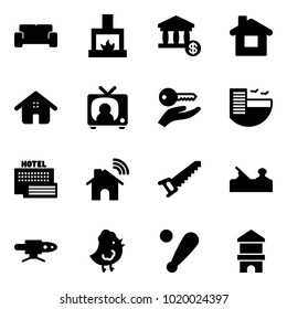 Solid vector icon set - vip waiting area vector, fireplace, account, home, tv news, key hand, hotel, sea, wireless, saw, jointer, pipe welding, chicken toy, baseball bat, block house