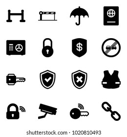 Solid vector icon set - vip zone vector, barrier, insurance, passport, safe, lock, end overtake limit road sign, key, shield check, cross, life vest, wireless, surveillance camera, link