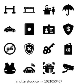 Solid vector icon set - vip zone vector, barrier, passport control, insurance, safety car, identity, safe, end overtake limit road sign, shield cross, key, life vest, wireless, fingerprint scanner