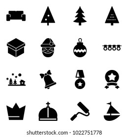 Solid vector icon set - vip waiting area vector, christmas tree, gift, santa claus, ball, garland, landscape, bell, star medal, crown, paint roller, sailboat toy