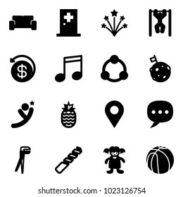 Solid vector icon set - vip waiting area vector, first aid room, firework, pull ups, money back, music, community, moon flag, flying man, pineapple, navigation pin, chat, plumber, drill, doll