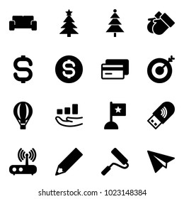 Solid vector icon set - vip waiting area vector, christmas tree, gloves, dollar sign, coin, credit card, target, air balloon, growth, flag, usb wi fi, router, pencil, paint roller, paper plane