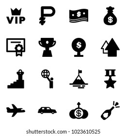 Solid vector icon set - vip vector, ruble, cash, money bag, certificate, cup, tree, arrow up, success, world, mountain, star medal, plane, limousine, dollar growth, fizz opening