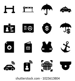 Solid vector icon set - vip zone vector, barrier, insurance, safety car, identity, safe, certificate, passport, life vest, anchor, wireless, card, fingerprint scanner, surveillance camera