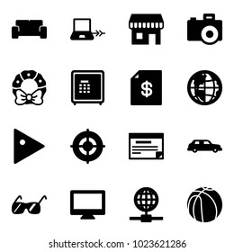 Solid vector icon set - vip waiting area vector, notebook connect, duty free, camera, christmas wreath, safe, account statement, globe, play, target, schedule, limousine, sunglasses, monitor