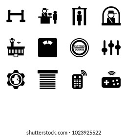 Solid vector icon set - vip zone vector, passport control, metal detector gate, officer window, airport building, floor scales, customs road sign, settings, gear globe, jalousie, remote