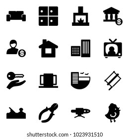 Solid vector icon set - vip waiting area vector, baggage room, fireplace, account, home, building, tv news, key hand, doors, hotel, bucksaw, jointer, side cutters, pipe welding, chicken toy