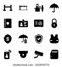 Solid vector icon set - vip zone vector, barrier, passport control, insurance, identity, safe, lock, shield check, life vest, card, surveillance camera, micro flash