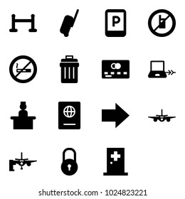 Solid vector icon set - vip zone vector, suitcase, parking sign, no mobile, smoking, trash bin, credit card, notebook connect, recieptionist, passport, right arrow, plane, boarding passengers, lock