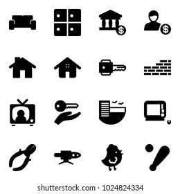 Solid vector icon set - vip waiting area vector, baggage room, account, home, key, brick wall, tv news, hand, hotel, monoblock pc, side cutters, pipe welding, chicken toy, baseball bat