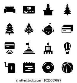 Solid vector icon set - vip waiting area vector, credit card, recieptionist, christmas tree, elf, tap pay, pyramid flag, bank building, air balloon, power, terms plan, cd, basketball