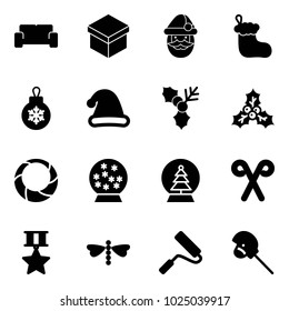Solid vector icon set - vip waiting area vector, gift, santa claus, christmas sock, ball, hat, holly, wreath, snowball, tree, stick, star medal, dragonfly, paint roller, horse toy