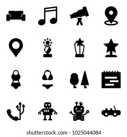 Solid vector icon set - vip waiting area vector, music, telescope, map pin, award, swimsuit, forest, terms plan, phone, robot, toy car