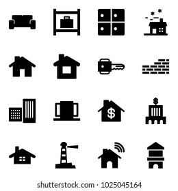 Solid vector icon set - vip waiting area vector, baggage room, house, home, key, brick wall, building, doors, dollar, bank, lighthouse, wireless, toy block