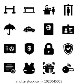 Solid vector icon set - vip zone vector, barrier, passport control, metal detector gate, safety car, identity, safe, locked, shield check, certificate, life vest, fingerprint scanner