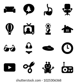 Solid vector icon set - vip waiting area vector, merry christmas message, stomach, office chair, air balloon, tv news, award, home, sunglasses, swimsuit, woman hat, clock, playback, scissors, robot