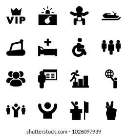 Solid vector icon set - vip vector, terrorism, baby, snowmobile, treadmill, hospital bed, disabled, group, presentation, career, world, team leader, success, speaker, victory