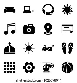 Solid vector icon set - vip waiting area vector, notebook connect, christmas wreath, sun, music, camera, map pin, schedule, crown, sunglasses, flip flops, circuit, gear, helicopter toy, basketball