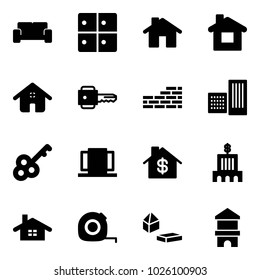 Solid vector icon set - vip waiting area vector, baggage room, home, key, brick wall, building, doors, dollar, bank, measuring tape, constructor blocks, toy block house