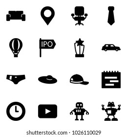 Solid vector icon set - vip waiting area vector, map pin, office chair, tie, air balloon, ipo, award, limousine, swimsuit, woman hat, cap, terms plan, clock, playback, robot