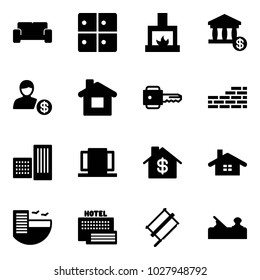 Solid vector icon set - vip waiting area vector, baggage room, fireplace, account, home, key, brick wall, building, doors, dollar, hotel, sea, bucksaw, jointer