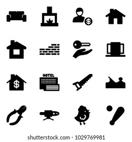 Solid vector icon set - vip waiting area vector, fireplace, account, home, brick wall, key hand, doors, dollar, sea hotel, saw, jointer, side cutters, pipe welding, chicken toy, baseball bat