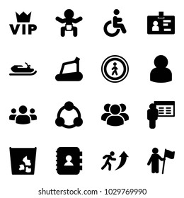 Solid vector icon set - vip vector, baby, disabled, identity, snowmobile, treadmill, no pedestrian road sign, user, group, social, presentation, garbage, contact book, career, win