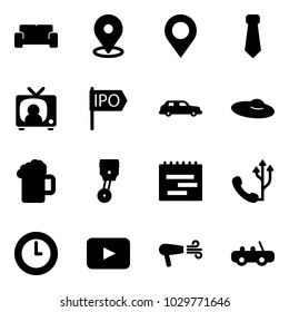 Solid vector icon set - vip waiting area vector, map pin, tie, tv news, ipo, limousine, woman hat, beer, piston, terms plan, phone, clock, playback, dryer, toy car