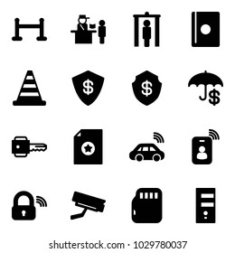 Solid vector icon set - vip zone vector, passport control, metal detector gate, road cone, safe, key, certificate, car wireless, identity card, lock, surveillance camera, micro flash