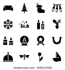 Solid vector icon set - vip waiting area vector, christmas tree, sock, garland, snowflake, landscape, candle, holly, snowball, star medal, luck, crown, dragonfly, tulip, sailboat toy