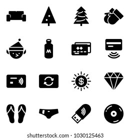 Solid vector icon set - vip waiting area vector, christmas tree, gloves, elf, milk, credit card, tap pay, exchange, dollar sun, diamond, flip flops, swimsuit, usb wi fi, cd