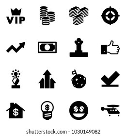 Solid vector icon set - vip vector, coin, big cash, target, growth arrow, money, winner, finger up, award, arrows, moon flag, check, home dollar, business idea, smile, helicopter