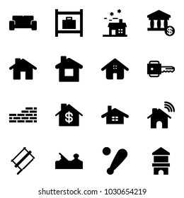 Solid vector icon set - vip waiting area vector, baggage room, house, account, home, key, brick wall, dollar, wireless, bucksaw, jointer, baseball bat, toy block
