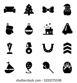 Solid vector icon set - vip waiting area vector, christmas tree, bow, santa claus, glove, ball, house, bell, pennant, star medal, luck, chevron, sailboat toy, balloon smile, horse stick