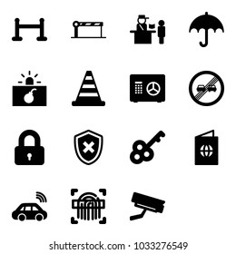 Solid vector icon set - vip zone vector, barrier, passport control, insurance, terrorism, road cone, safe, end overtake limit sign, locked, shield cross, key, car wireless, fingerprint scanner
